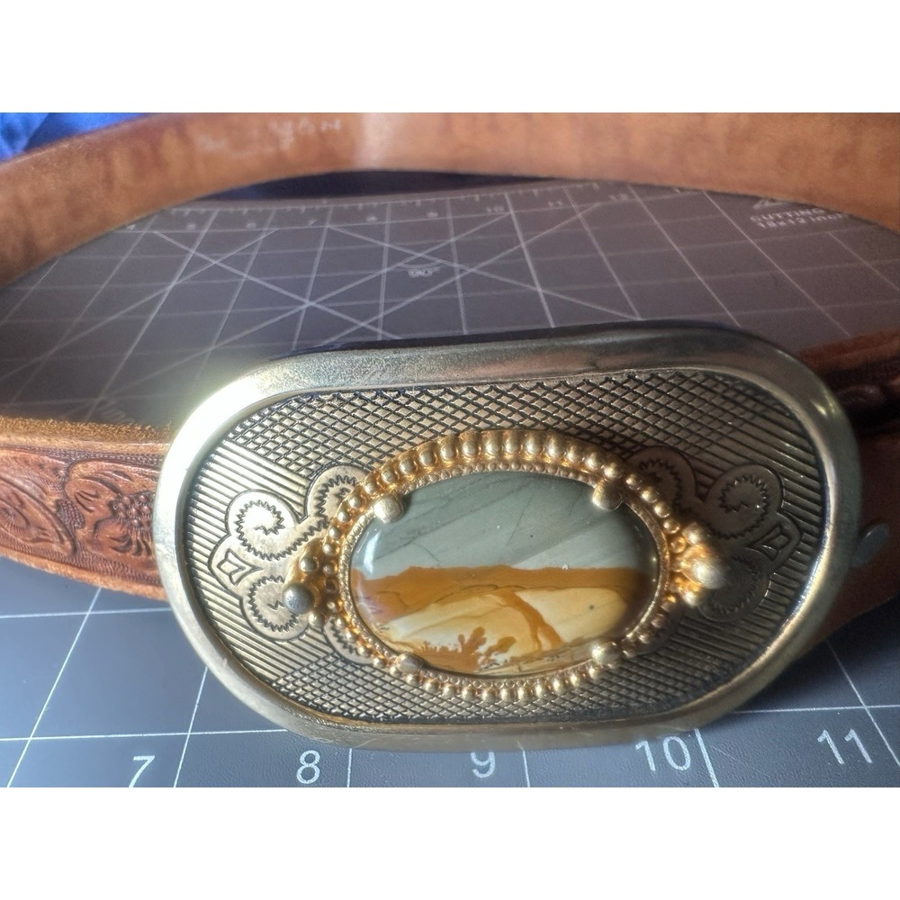 VTG Chambers Belt Co Buckle Brass/Gold Hand Finished Leather Belt 38 Made in USA - Picture 9 of 9